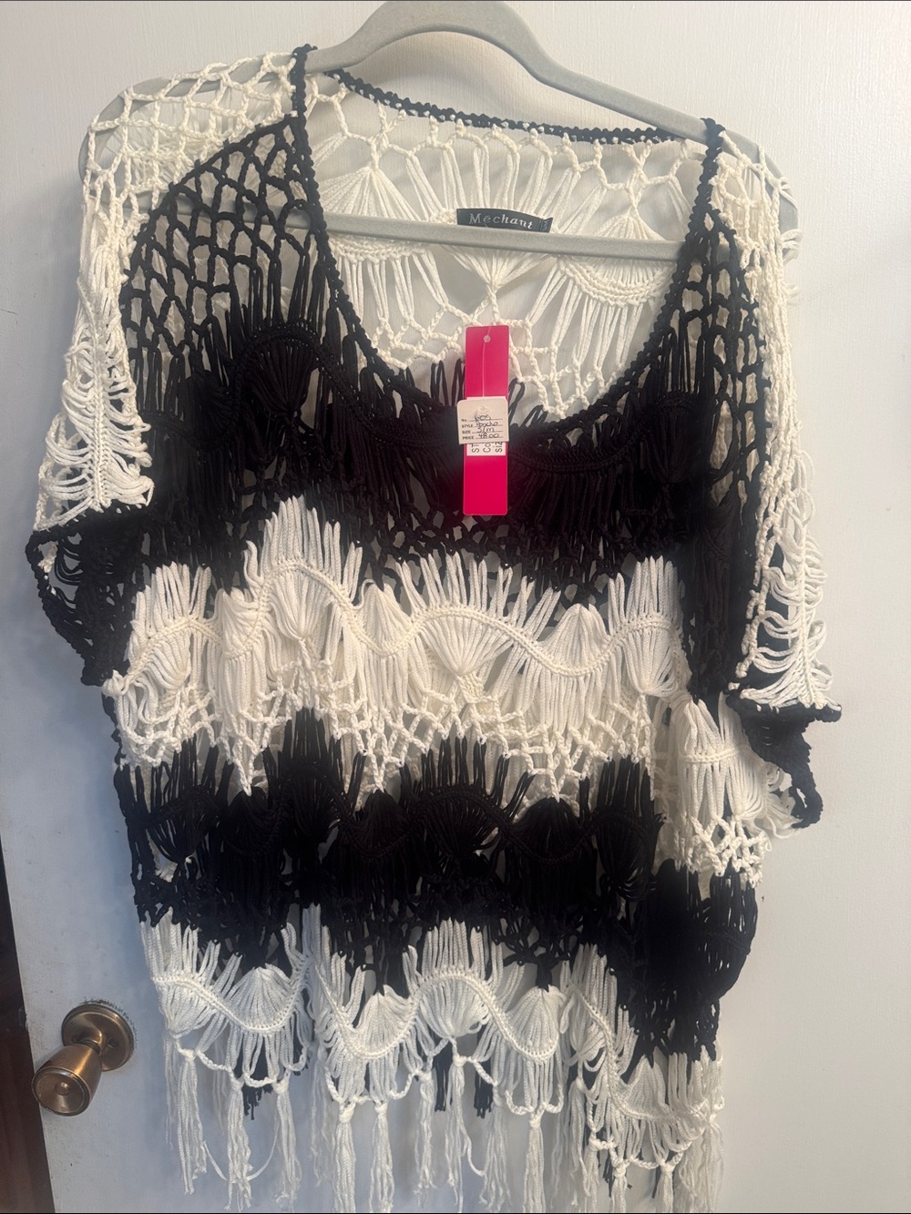 Mechant Black & White Handwoven Macramé Cover-Up Top